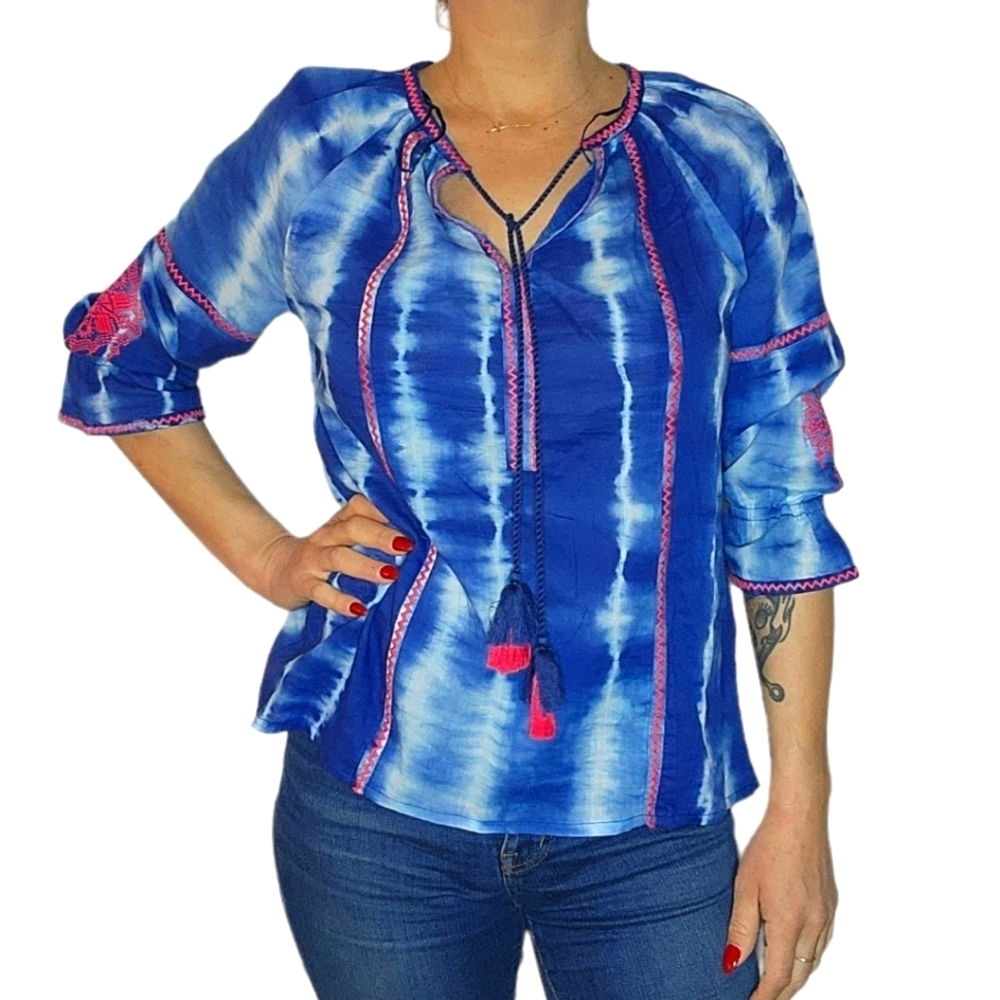 Caffè Marrahesh Boho Quarter Sleeve Blouse Size Small Blue